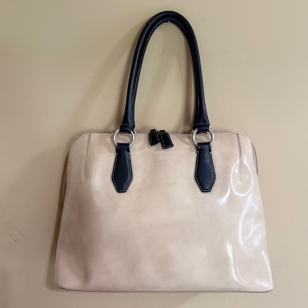 Iacucci Beige Leather Tote with Black Handles Made in Italy